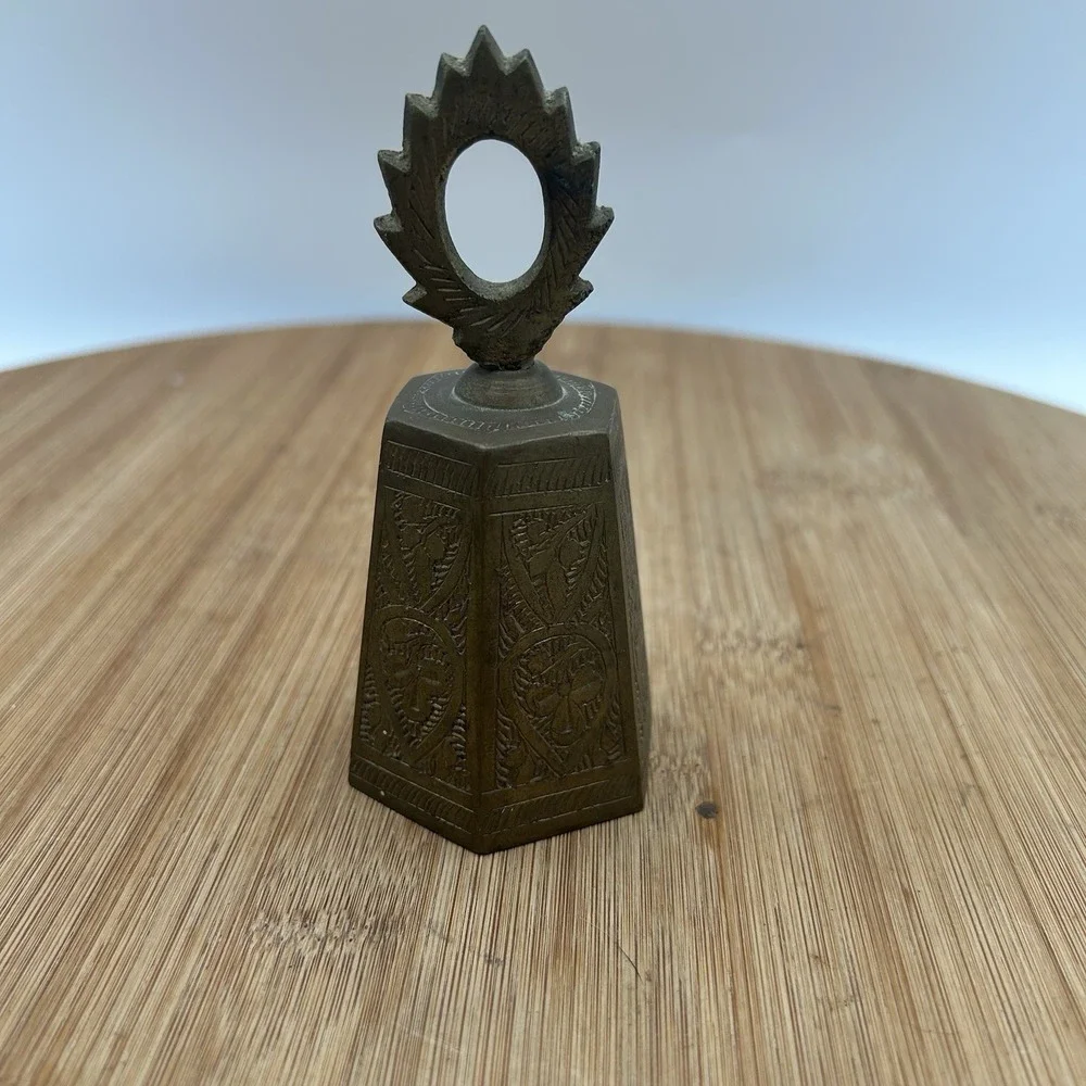 Vintage TINY SOLID BRASS HAND BELL Hand‎ Etched 4.5